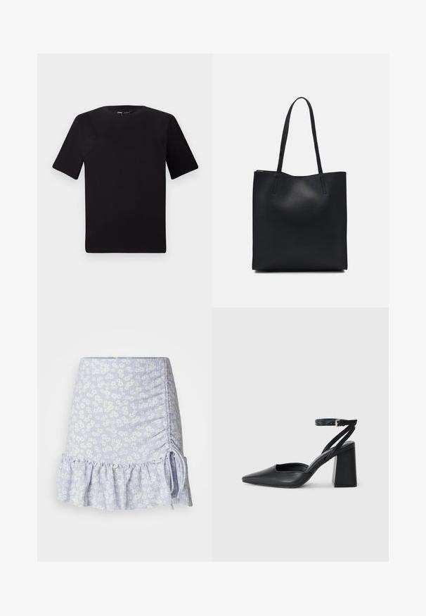 Svart t-skjorte med korte ermer og rund hals, laget av mykt bomullsstoff. Enkelt design, ingen synlige logoer eller mønstre.; Lyseblå miniskjørt med blomsterdesign, samlet detaljer på siden, og volangkant. Teksturfabrikk med snorede detaljer.; Svart lær pumps med spiss tå, ankelrem og kraftig hæl. Flat tekstur, strømlinjeformet design og minimalisme.; Svart lær tote bag med glatt tekstur, rektangulær form og to lange håndtak. Ingen synlige deler eller dekorasjoner.