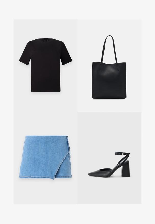 Zwarte T-shirt met korte mouwen en een ronde hals, gemaakt van zachte katoenstof. Eenvoudig ontwerp, geen zichtbare logo's of patronen.; Denim minirok in lichtblauw, met een wikkelontwerp, een rafelige zoom en een gladde textuur. Geen aanvullende versieringen of patronen.; Zwarte leren puntige pump met een enkelbandje en een chunky hak. Vlakke textuur, strakke vormgeving en minimalistische esthetiek.; Zwarte leren handtas met een gladde textuur, rechthoekige vorm en twee lange handvaten. Geen zichtbare hardware of versieringen.