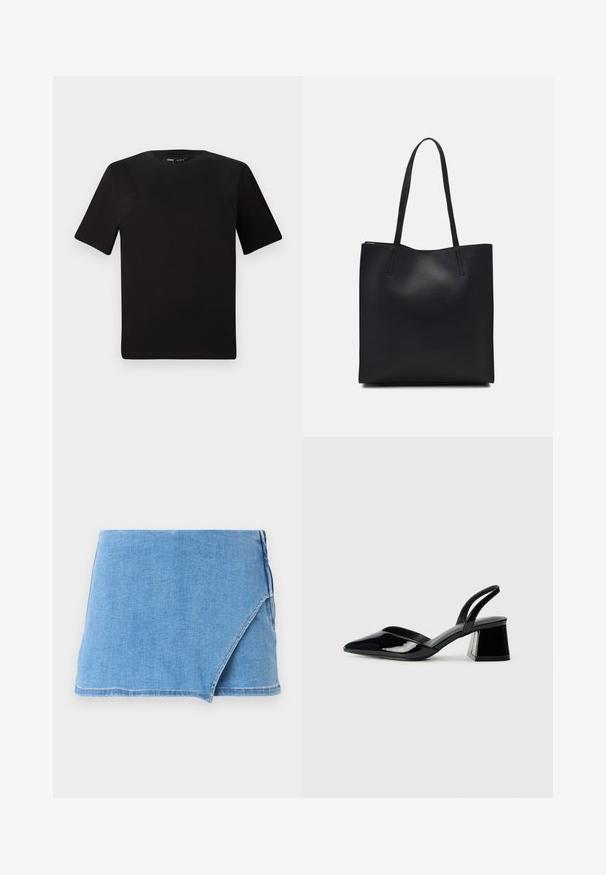 Black short-sleeve t-shirt with a round neckline, crafted from soft cotton fabric. Simple design, no visible logos or patterns.; Denim mini skirt in light blue, featuring a wrap design, frayed hem, and a smooth texture. No additional embellishments or patterns.; Black patent leather slingback heels with a pointed toe and a geometric block heel. Features a sleek, minimal design and smooth texture.; Black leather tote bag with smooth texture, rectangular shape, and two long handles. No visible hardware or embellishments.