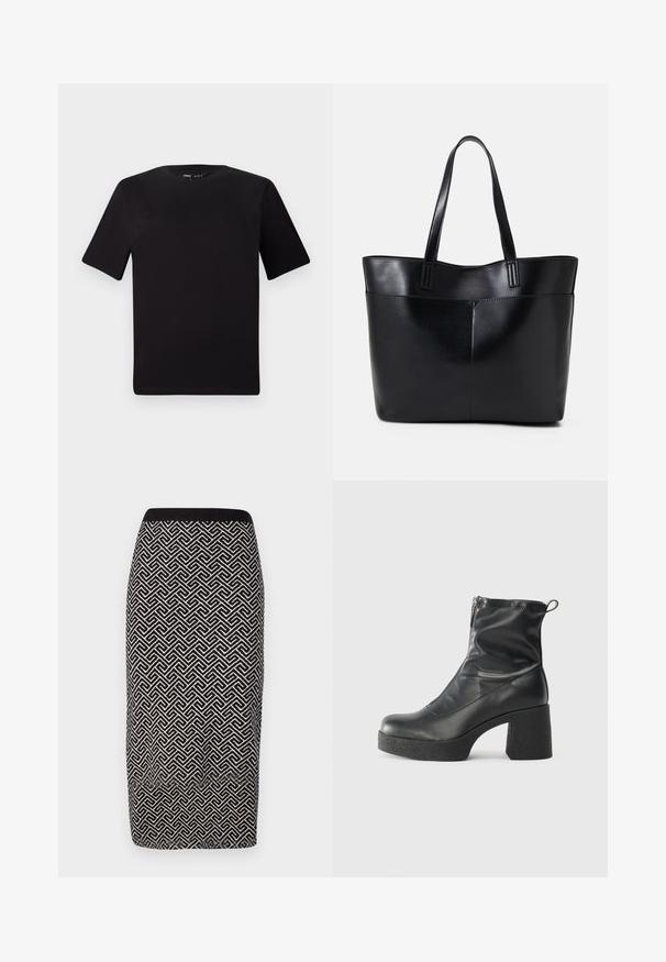 Črna majica s kratkimi rokavi in okroglim izrezom, izdelana iz mehkega bombažnega materiala. Preprost dizajn, brez vidnih logotipov ali vzorcev.; Krilo s črno-belimi vzorci iz svinčnika, narejeno iz teksturirane tkanine, s rebrastim pasom in geometrijskim dizajnom po celotnem krilu.; Črne gležnjarje iz gladke kože z božnim zadrgo, masivnim teksturiranim peto in zaobljeno obliko prstov.; Črna usnjena torba z dvema dolgima ročajema, gladko teksturo in strukturirano obliko. Ima sprednji žep za dodatno shranjevanje.