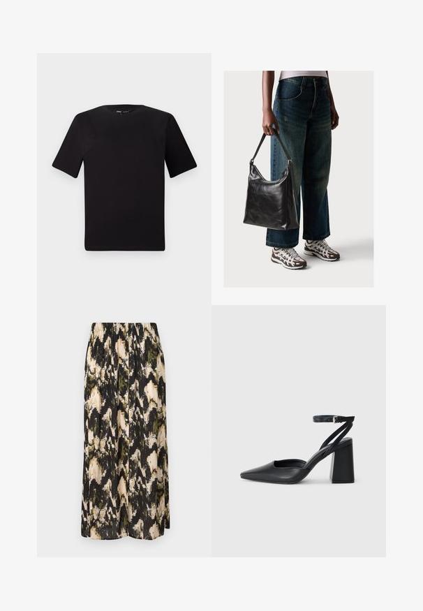 Črna majica s kratkimi rokavi in okroglim izrezom, izdelana iz mehkega bombažnega materiala. Preprost dizajn, brez vidnih logotipov ali vzorcev.; Suknja srednje dolžine z abstractnim vzorcem v črni, krem in zeleni barvi. Ima nabran pas in zapiranje na gumb. Gladka tekstura.; Črne usnjene klasične čevlje z ostrim nosom, z zaponko za gleženj in debelim peto. Ravna tekstura, eleganten dizajn in minimalistična estetika.; Črna usnjena torba za ramo z gladko teksturo in nastavljivim trakom, v kombinaciji z zbledelimi širokimi hlačami in športnimi supergami.