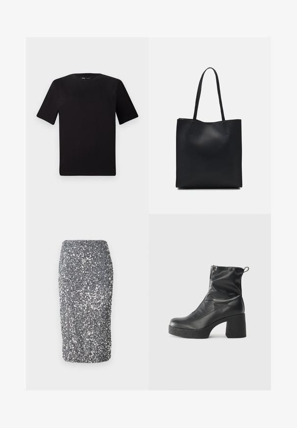 Black short-sleeve t-shirt with a round neckline, crafted from soft cotton fabric. Simple design, no visible logos or patterns.; Silver sequined pencil skirt featuring a fitted design, smooth texture, and a side zipper. The fabric is densely covered with reflective sequins.; Black ankle boots made of smooth leather, featuring a side zipper, chunky textured heel, and rounded toe design.; Black leather tote bag with smooth texture, rectangular shape, and two long handles. No visible hardware or embellishments.