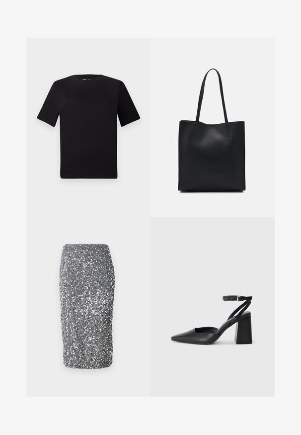 T-shirt noir à manches courtes avec un col rond, fabriqué en coton doux. Design simple, sans logos ni motifs visibles.; Jupe crayon en sequins argentés avec un design ajusté, une texture lisse et une fermeture éclair sur le côté. Le tissu est densément recouvert de sequins réfléchissants.; Escarpin noir en cuir à bout pointu avec une bride de cheville et un talon épais. Texture lisse, design élégant et esthétique minimaliste.; Sac fourre-tout en cuir noir avec une texture lisse, de forme rectangulaire et deux longues poignées. Pas de matériel ou d'ornementations visibles.