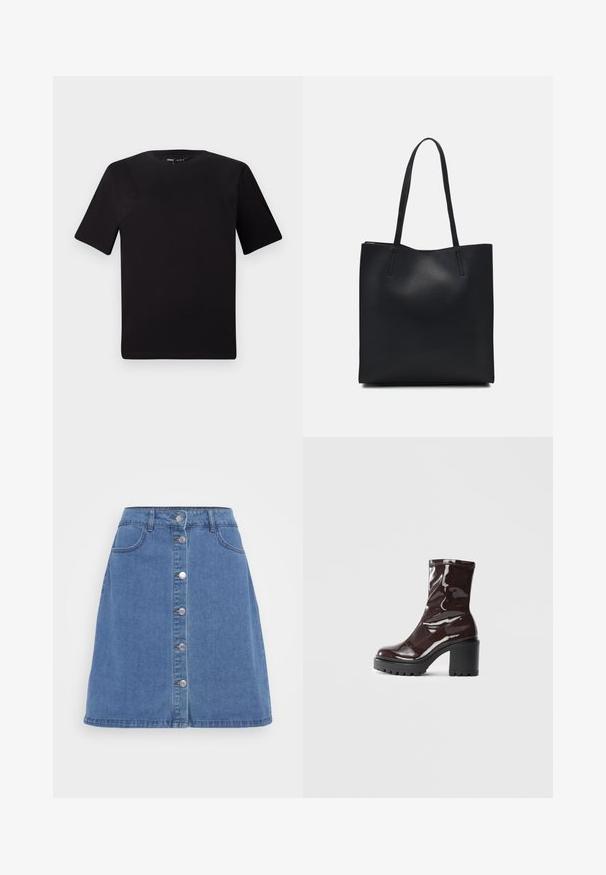 Must olema lühikeste varrukatega must t-särk ümmarguse kaelusega, valmistatud pehmest puuvillast kangast. Lihtne disain, ilma nähtavate logode või mustriteta.; Helesin A-line seelik helesinis, millel on esine nupulaht, kaks taskut ja toorikutega serv. Klassikaline viie tasku disain.; Klakav läikiv burgundi värvi pahkluu saabas, millel on paks must konts, sile tekstuur ja lihtne disain. Nähtavad kinnitused või mustrid puuduvad.; Mustast nahast kott sujuva tekstuuriga, ristkülikukujuline ja kahe pika sangaga. Pole nähtavat riistvara ega kaunistusi.