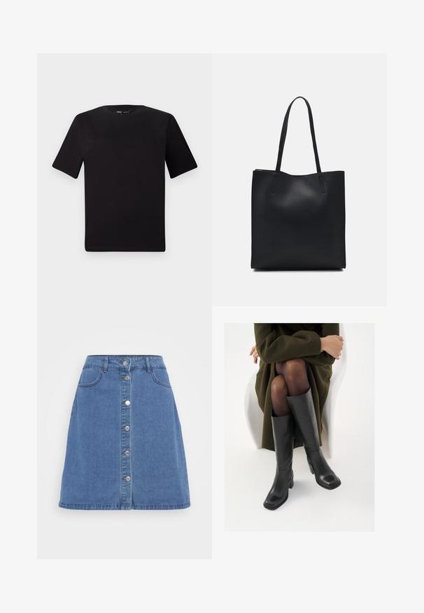 T-shirt preta de mangas curtas com decote redondo, feita de tecido de algodão suave. Design simples, sem logótipos ou padrões visíveis.; Saia em denim em azul claro, com fecho frontal de botões, dois bolsos e bainha desfiada. Design clássico de cinco bolsos.; Botas de couro pretas até ao joelho com biqueira quadrada e salto em bloco, apresentadas com um modelo sentado num casaco verde-azeitona. Textura lisa, com detalhes mínimos.; Bolsa tote preta em couro com textura lisa, forma retangular e duas alças longas. Sem hardware ou enfeites visíveis.