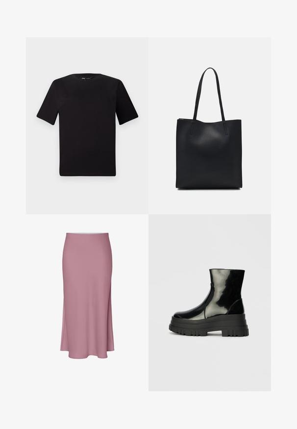 T-shirt preta de mangas curtas com decote redondo, feita de tecido de algodão suave. Design simples, sem logótipos ou padrões visíveis.; Saia rosa, até ao joelho, com um design elegante, apresentando uma abertura lateral e uma textura suave. Feita de um tecido leve e macio.; Bota de tornozelo preta e brilhante com sola grossa e arredondada, vista lateral sobre fundo cinza claro.; Bolsa tote preta em couro com textura lisa, forma retangular e duas alças longas. Sem hardware ou enfeites visíveis.