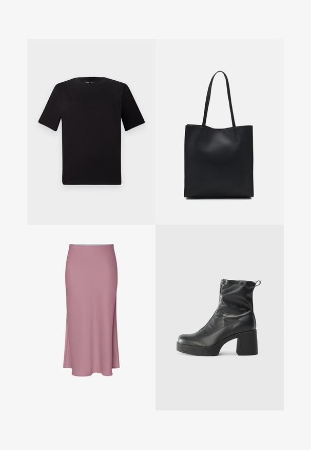 Crna majica kratkih rukava s okruglim izrezom, izrađena od mekane pamučne tkanine. Jednostavan dizajn, bez vidljivih logotipa ili uzoraka.; Ružičasta suknja do koljena s elegantnim dizajnom, koja ima bočni prorez i glatku teksturu. Izrađena od mekog, laganog materijala.; Crne gležnjače od glatke kože, s bočnim zatvaračem, debelim teksturiranim potplatom i dizajnom s zaobljenim prstima.; Crna kožna torba za nošenje s glatkom teksturom, pravokutnim oblikom i dvije duge ručke. Nema vidljivih metalnih dijelova ili ukrasa.