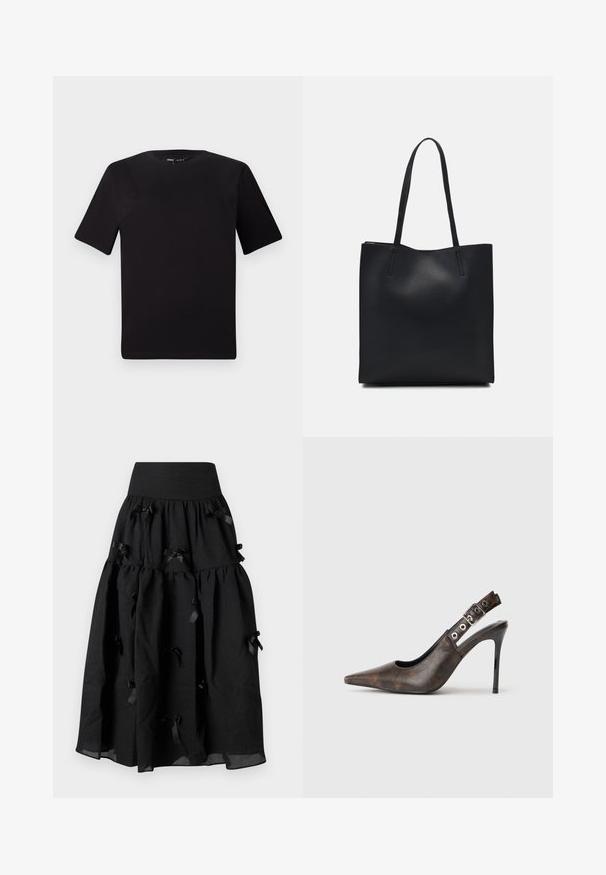 Svart t-skjorte med korte ermer og rund hals, laget av mykt bomullsstoff. Enkelt design, ingen synlige logoer eller mønstre.; Sister Jane BIRDIE BOW MIDI SKIRT - A-line skjørt - black; Brune lær slingback hæl sko med spids tå, justerbar spænde rem og sort stiletthæl på ensfarvet baggrund.; Svart lær tote bag med glatt tekstur, rektangulær form og to lange håndtak. Ingen synlige deler eller dekorasjoner.
