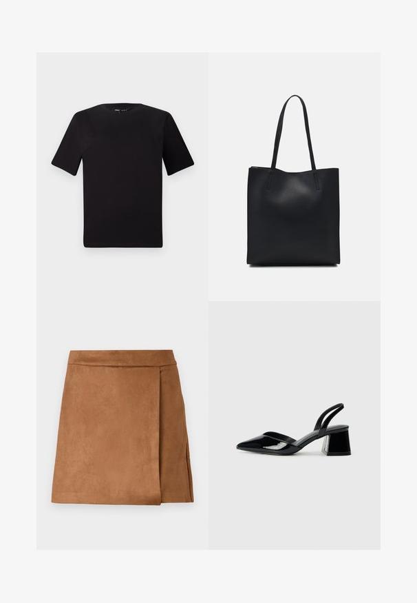 Must olema lühikeste varrukatega must t-särk ümmarguse kaelusega, valmistatud pehmest puuvillast kangast. Lihtne disain, ilma nähtavate logode või mustriteta.; Pruunist nahast mini-seeliku, millel on ümmargune disain, sujuva tekstuuri ja puhta viimistlusega serv. Pole nähtavaid riistvara ega aksessuaare.; Mustad musta lakknahk kingad, millel on terav varvas ja geomeetriline plokkkonts. Omab elegantselt minimalistlikku disaini ja sujuvat tekstuuri.; Mustast nahast kott sujuva tekstuuriga, ristkülikukujuline ja kahe pika sangaga. Pole nähtavat riistvara ega kaunistusi.