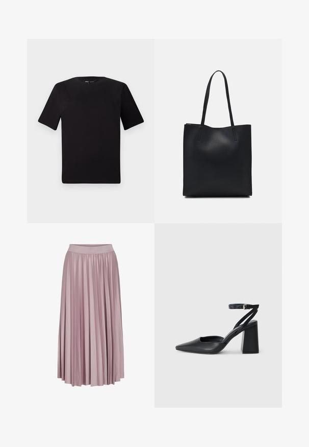 Μαύρο κοντομάνικο μπλουζάκι με στρογγυλή λαιμόκοψη, κατασκευασμένο από απαλό βαμβακερό ύφασμα. Απλός σχεδιασμός, χωρίς ορατά λογότυπα ή μοτίβα.; Φούστα μακριά πλισέ σε απαλό ροζ ύφασμα, με ελαστική μέση. Η λεία υφή και ο ρέοντας σχεδιασμός αναδεικνύουν τη συνολική της μορφή.; Μαύρο δερμάτινο ψηλοτάκουνο παπούτσι με οξύ μυτερό τόξο, λουράκι στον αστράγαλο και χοντρό τακούνι. Λείος υφασματισμός, κομψός σχεδιασμός και μινιμαλιστική αισθητική.; Μαύρη δερμάτινη τσάντα tote με λείο υφή, ορθογώνιο σχήμα και δύο μακριές λαβές. Χωρίς ορατό υλικό ή διακοσμητικά στοιχεία.