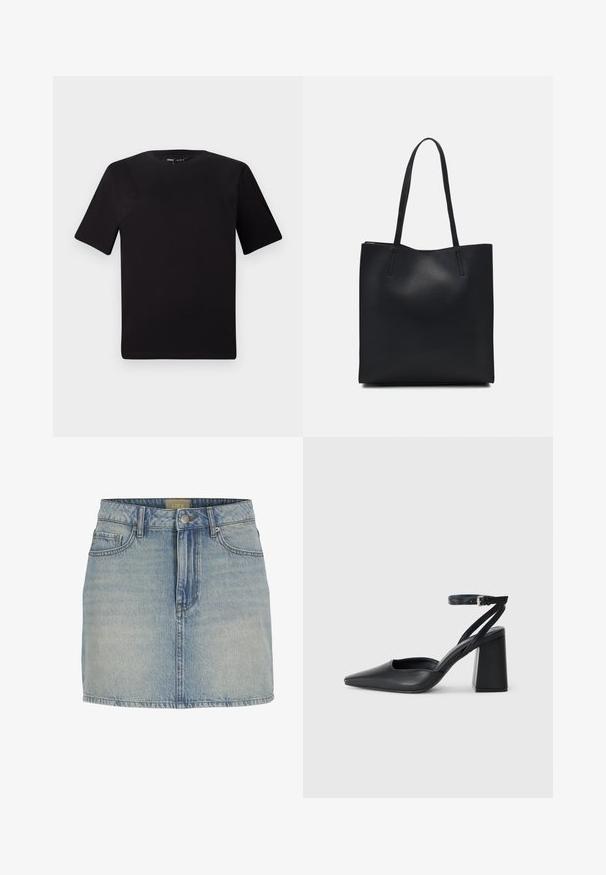 Črna majica s kratkimi rokavi in okroglim izrezom, izdelana iz mehkega bombažnega materiala. Preprost dizajn, brez vidnih logotipov ali vzorcev.; Svetloljubičasta denim mini krila s pripijenim strukom, prednjim kopčanjem na dugmad, pet džepova i suptilnim izblijedjenjem duž tkanine.; Črne usnjene klasične čevlje z ostrim nosom, z zaponko za gleženj in debelim peto. Ravna tekstura, eleganten dizajn in minimalistična estetika.; Črna usnjena torba s svilnato teksturo, pravokotne oblike in dvema dolgima ročajema. Brez vidnih metalnih delov ali okrasnih elementov.
