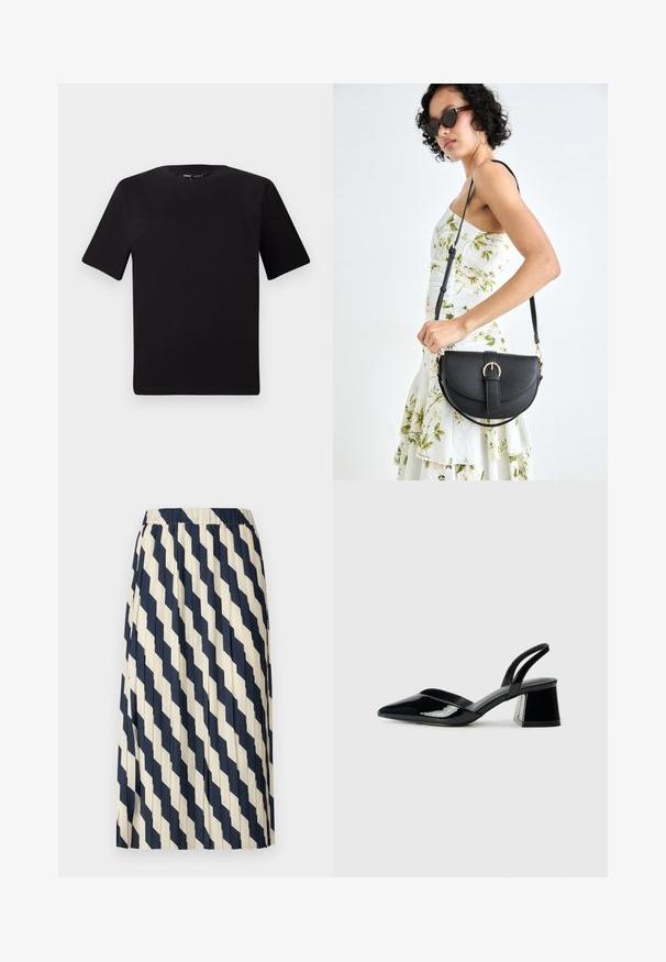 Juodas trumpas rankovės marškinėlis su apvaliu iškirpimu, pagamintas iš minkštos medvilnės medžiagos. Paprastas dizainas, be matomų logotipų ar raštų.; Kreminės ir tamsiai mėlynos spalvų klostuota sijonas su deimanto raštu. Elastinga juosmens juosta ir lengvas audinys sukuria plazdančią siluetą.; Juodos lakuotos odinės šlepetės su smailiu pirštu ir geometriniu bloko kulnu. Turi elegantišką, minimalistinį dizainą ir lygų paviršių.; Juodas odinis krepšys su išlenkta forma, nuimamu dirželiu ir auksiniais detalėmis. Krepšys turi kilpą su sagtimi.