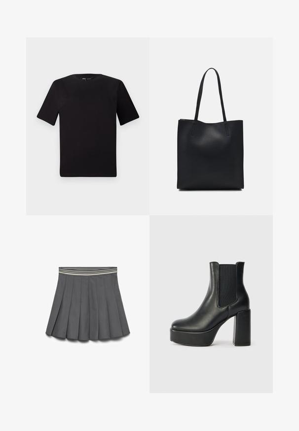 Crna majica kratkih rukava s okruglim izrezom, izrađena od mekane pamučne tkanine. Jednostavan dizajn, bez vidljivih logotipa ili uzoraka.; Tamno siva plisirana suknja s prugastim elastičnim pojasom svijetlih i tamnih nijansi, položena ravno na bijeloj pozadini.; Crne kožne gležnjače s masivnom blok petom, elastičnim bočnim panelima i glatkom teksturom. Imaju platformu za dodatnu visinu.; Crna kožna torba za nošenje s glatkom teksturom, pravokutnim oblikom i dvije duge ručke. Nema vidljivih metalnih dijelova ili ukrasa.