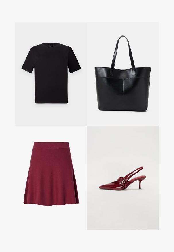 Melnas īsām piedurknēm T-krekls ar apaļu kakla izgriezumu, izgatavots no mīksta kokvilnas auduma. Vienkāršs dizains, bez redzamām logo vai rakstiem.; Burgundijas ceļa garuma svārki, kas izgatavoti no mīkstas, elastīgas auduma; izplūdušs dizains ar gludu jostasvietu un bez redzamām aizdarošām detaļām vai rakstiem.; Sarkana lakota ādas kurpju kurpes ar atvērtu papēdi, norādītu purngalu, divām sprādzēm un slaidu, vidēja augstuma stiletu papēdi. Gluda tekstūra.; Melnas ādas iepirkumu soma ar divām garām rokturām, gludu tekstūru un strukturētu formu. Iekļauj priekšējo kabatu papildu uzglabāšanai.