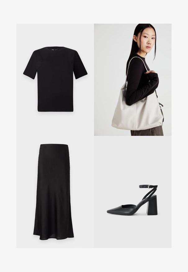 Tricou scurt negru cu mânecă scurtă și guler rotund, realizat dintr-un material de bumbac moale. Design simplu, fără logo-uri sau modele vizibile.; Fustă maxi din satin negru, cu o textură netedă, ușor evazată și un luciu subtil. Fără accesorii sau ornamente vizibile.; Pantofii cu toc ascuțit din piele neagră, cu breteaua pentru glezne și toc gros. Textură netedă, design elegant și estetică minimală.; Geantă bej din material moale, cu un design lejer, detalii cusute și două bretele pentru umăr. Potrivită pentru utilizarea zilnică.