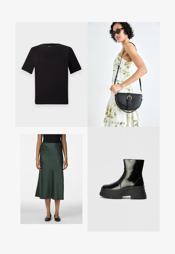 Črna majica s kratkimi rokavi in okroglim izrezom, izdelana iz mehkega bombažnega materiala. Preprost dizajn, brez vidnih logotipov ali vzorcev.; Satin zelena midi krila z gladko teksturo, rahlo razširjenim robom in stranskim razporkom, kombinirana z črnimi ravnimi čevlji.; Črne sijajne gležnjarje z debelim profilom podplata in zaobljenim nosom, stranski pogled na enostavni svetlo sivi ozadju.; Črna usnjena torbica s ukrivljeno obliko, z odstranljivo naramnico in zlatimi dodatki. Torbica ima pokrov s podrobnostmi v obliki zaponke.