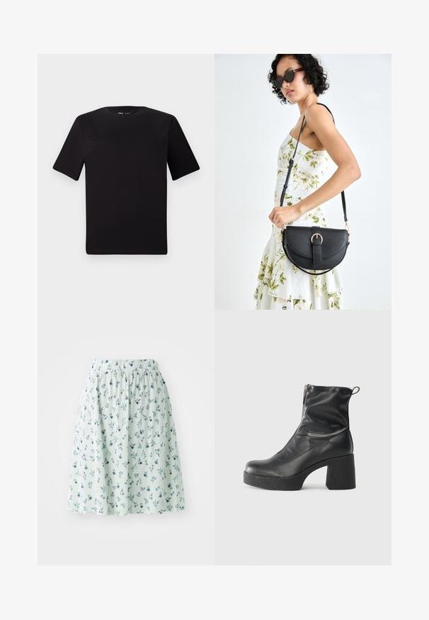 Tricou scurt negru cu mânecă scurtă și guler rotund, realizat dintr-un material de bumbac moale. Design simplu, fără logo-uri sau modele vizibile.; Fustă florală cu talie elastică, realizată dintr-un material ușor. Prezintă o bază verde mentă cu mici modele florale albastre și albe.; Bocanci negri de glezna din piele netedă, cu fermoar lateral, toc texturat și masiv, și design cu vârf rotund.; Geantă din piele neagră, cu o formă curbată, curea detașabilă și accesorii aurii. Geanta are un capac cu un detaliu tip cataramă.