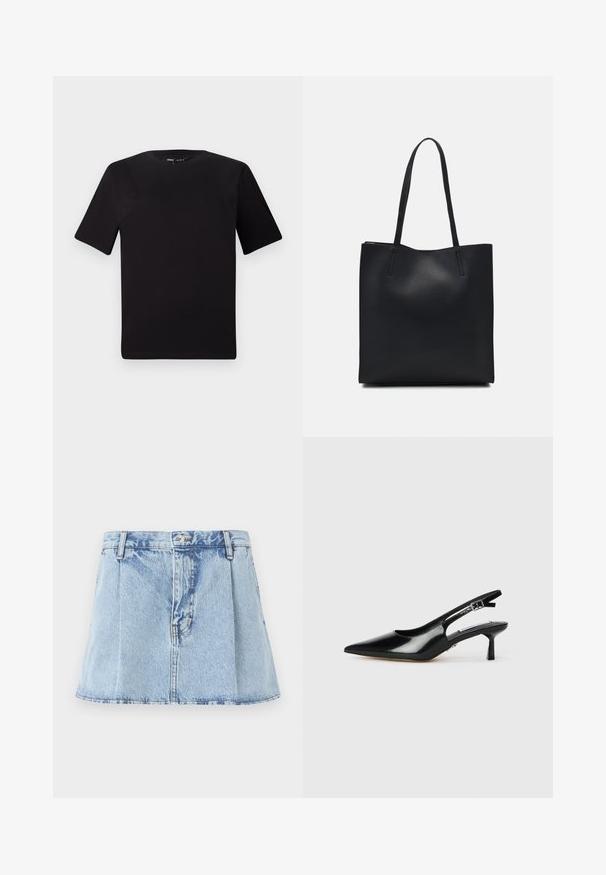 Musta lyhythihainen t-paita pyöreällä kaula-aukolla, valmistettu pehmeästä puuvillakankaasta. Yksinkertainen malli, ei näkyviä logoja tai kuvioita.; Vaaleansininen farkkuskortti, jossa on muotoiltu vyötärö, laskostettu etuosa ja hienovarainen haalistuminen. Klassinen viiden taskun muotoilu metallinapilla.; Mustat patenttimokkaiset slingback-korkokengät, joissa on terävä kärki, ohut korko ja säädettävä solkikiinnitys. Sileä pinta vähäisellä yksityiskohdalla.; Mustapahkainen kangaskassi, jossa on sileä pinta, suorakaiteen muotoinen ja kaksi pitkää kahvaa. Ei näkyvää metalliosaa tai koristeita.