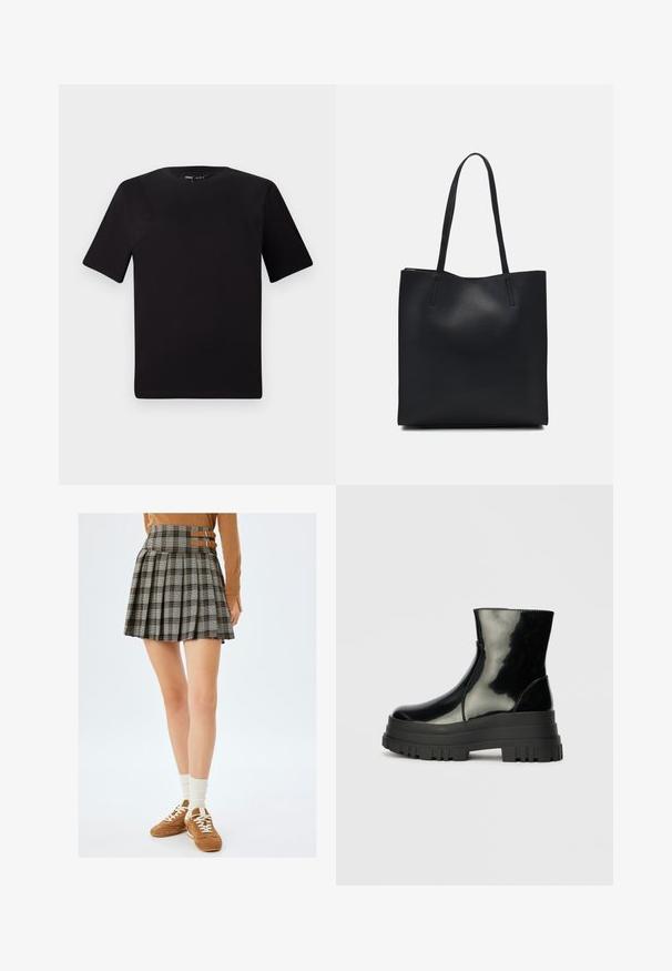 Zwarte T-shirt met korte mouwen en een ronde hals, gemaakt van zachte katoenstof. Eenvoudig ontwerp, geen zichtbare logo's of patronen.; Grijze geruite rok met plooien en bruine accentbanden in de taille. Gecombineerd met bruine sneakers en crèmekleurige sokken.; Zwarte glanzende enkelboot met dikke profielzool en ronde neus, zijaanzicht op een effen lichtgrijze achtergrond.; Zwarte leren handtas met een gladde textuur, rechthoekige vorm en twee lange handvaten. Geen zichtbare hardware of versieringen.