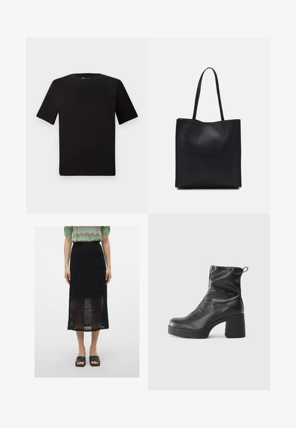 Juodas trumpas rankovės marškinėlis su apvaliu iškirpimu, pagamintas iš minkštos medvilnės medžiagos. Paprastas dizainas, be matomų logotipų ar raštų.; Juoda nėrinių midi sijonas su sudėtingais atvirais raštais. Derinamas su žaliu raštuotu topu ir juodais šlepetėmis.; Juodos kulkšninių botai, pagaminti iš lygaus odos, su šoniniu užtrauktuku, masyviu tekstūruotu kulnu ir apvaliu pirštu.; Juodas odinis tote krepšys su lygia tekstūra, stačiakampio formos ir dviem ilgais rankenomis. Matomų metalinių detalių ar puošybos nėra.