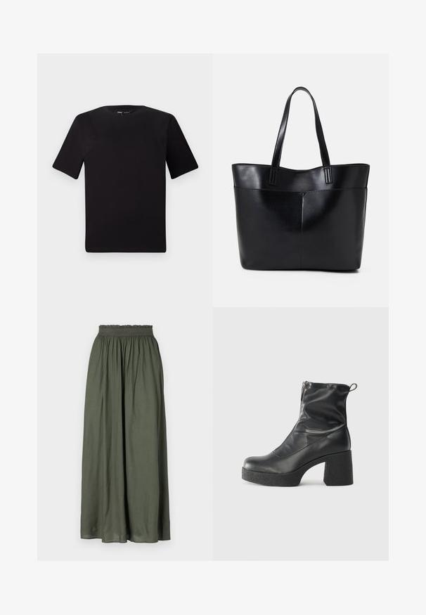 Crna majica kratkih rukava s okruglim izrezom, izrađena od mekane pamučne tkanine. Jednostavan dizajn, bez vidljivih logotipa ili uzoraka.; Tamnozelena maxi suknja napravljena od lagane tkanine, sa nabranim elastičnim pojasom i prozračno dizajnom sa plisekama.; Crne gležnjače od glatke kože, s bočnim zatvaračem, debelim teksturiranim potplatom i dizajnom s zaobljenim prstima.; Crna kožna torba s dugim ručkama, glatkom teksturom i strukturiranim oblikom. Ima prednju džep za dodatno pohranu.