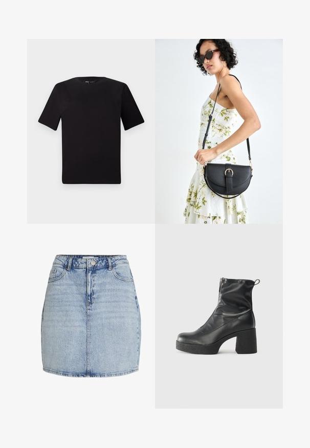 Čierne tričko s krátkym rukávom a okrúhlym výstrihom, vyrobené z mäkkej bavlny. Jednoduchý dizajn, bez viditeľných log alebo vzorov.; Svetlo modrá džínová minisukňa s predným zapínaním na gombíky a zips, pútka na opasok a predné vrecká.; Čierne členkové topánky z hladkej kože, so bočným zipsom, robustnou textúrovanou pätnou časťou a zaobleným dizajnom špičky.; Čierna kožená kabelka s zaobleným tvarom, odnímateľným popruhom a zlatými doplnkami. Kabelka má klopu s detailom s prackou.
