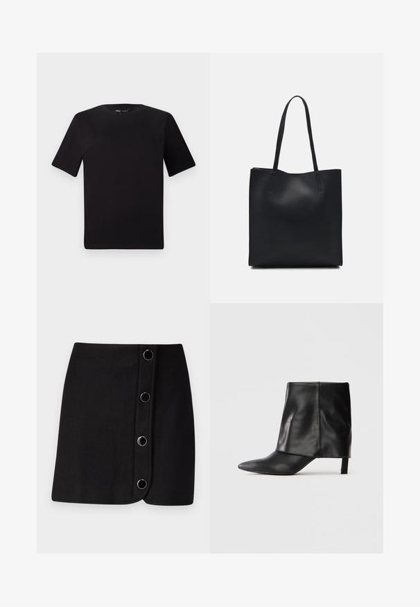 T-shirt preta de mangas curtas com decote redondo, feita de tecido de algodão suave. Design simples, sem logótipos ou padrões visíveis.; Mini saia preta com um design de envoltório, apresentando cinco botões circulares prateados na parte da frente e uma textura lisa e mate.; Bota de couro preta até o meio da panturrilha com bico fino, parte superior dobrada e salto baixo e esguio, em fundo branco.; Bolsa tote preta em couro com textura lisa, forma retangular e duas alças longas. Sem hardware ou enfeites visíveis.
