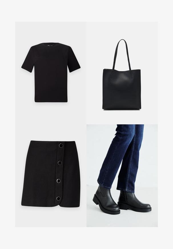 Camiseta negra de manga corta con cuello redondo, fabricada en suave algodón. Diseño simple, sin logos ni patrones visibles.; Minifalda negra con diseño de envoltura, que presenta cinco botones circulares plateados en la parte delantera y una textura lisa y mate.; Botas de tobillo de cuero negro con suela gruesa y paneles elásticos laterales, combinadas con jeans azul oscuro. El suelo es de color claro.; Bolso tote de cuero negro con textura lisa, forma rectangular y dos asas largas. Sin herrajes ni adornos visibles.