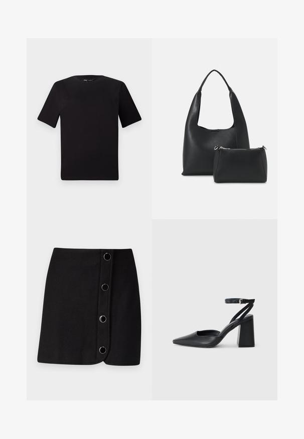 Fekete, rövid ujjú póló, kerek nyakkal, puha pamutból készült. Egyszerű dizájn, nincs látható logó vagy minta.; Fekete mini szoknya, átkötős dizájnnal, öt ezüst körgombbal az elején, sima, matt textúrával.; Fekete bőr, hegyes orrú magassarkú cipő boka pánttal és vastag sarokkal. Sima textúra, elegáns dizájn és minimális esztétika.; Even&Odd Kézitáska - black; Ezüst karika fülbevalók, letisztult, kerek formával, sima felülettel és látható díszítés nélkül. A átmérő nem megadott.