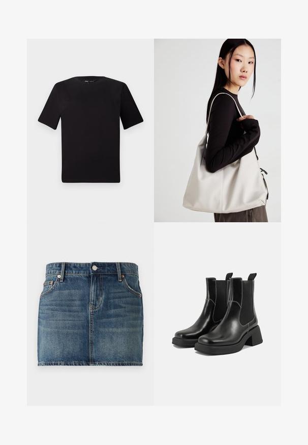 T-shirt nera a maniche corte con scollatura rotonda, realizzata in morbido cotone. Design semplice, senza loghi o motivi visibili.; Gonna mini in denim blu scuro con design a cinque tasche, chiusura con bottone e cuciture a vista. Tessuto liscio con leggera scoloritura.; Stivali Chelsea in pelle nera con tacco spesso, pannelli elasticizzati sui lati e cuciture bianche a contrasto. Finitura testurizzata.; Borsa a mano beige realizzata in materiale morbido, caratterizzata da un design morbido, dettagli cuciti e due manici. Adatta per l'uso quotidiano.