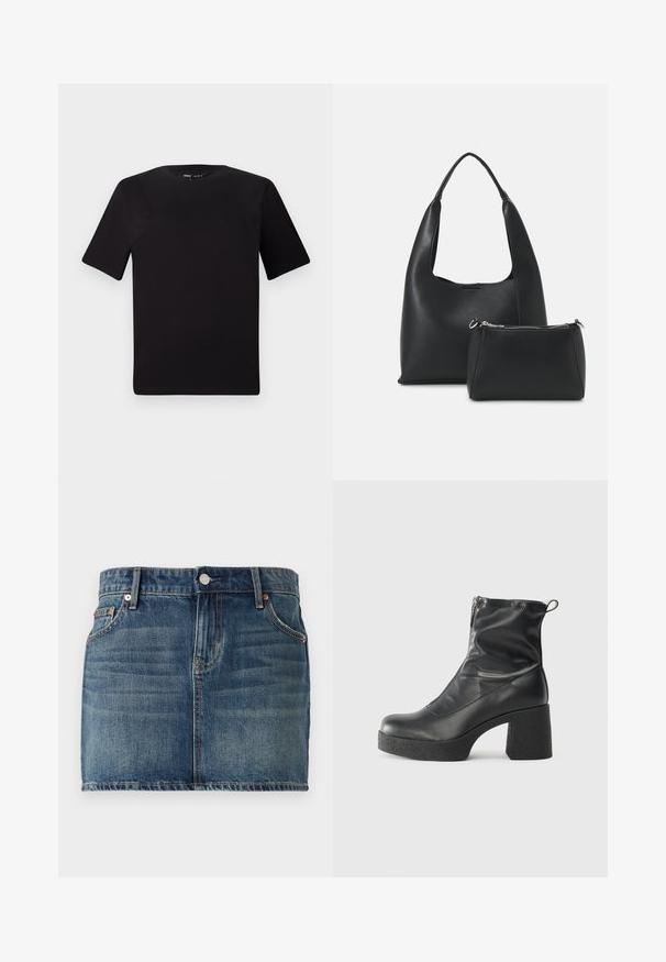 Must olema lühikeste varrukatega must t-särk ümmarguse kaelusega, valmistatud pehmest puuvillast kangast. Lihtne disain, ilma nähtavate logode või mustriteta.; Tumedast sinimust kangast mini seelik, millel on viie-tasku disain, nööbiga kinnitamine ja nähtavad õmbluste aktsendid. Sile tekstuur kergelt tuhmumisega.; Mustad mustad ansapüksid, mis on valmistatud siledast nahast, külje zipperiga, paksu tekstuuriga kontsaga ja ümmarguse nina disainiga.; Even&Odd Käekott - black