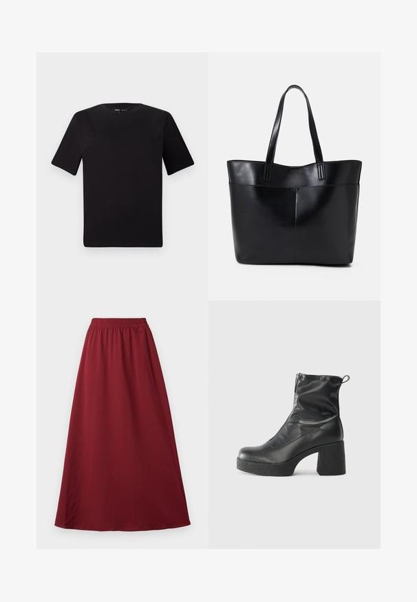Svart t-skjorte med korte ermer og rund hals, laget av mykt bomullsstoff. Enkelt design, ingen synlige logoer eller mønstre.; Burgunderfarget maxiskjørt med elastisk midjebånd, som har et glatt og flytende stoff samt et enkelt, uprydet design.; Svarte ankelstøvler laget av glatt lær, med glidelås på siden, chunky strukturert hæl, og rund tå-design.; Svart lær toteveske med to lange håndtak, en glatt tekstur og en strukturert form. Har en frontlomme for ekstra oppbevaring.