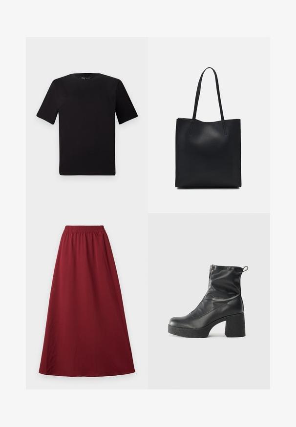Black short-sleeve t-shirt with a round neckline, crafted from soft cotton fabric. Simple design, no visible logos or patterns.; Burgundy maxi skirt with an elasticated waistband, featuring a smooth, flowing fabric and a simple, unadorned design.; Black ankle boots made of smooth leather, featuring a side zipper, chunky textured heel, and rounded toe design.; Black leather tote bag with smooth texture, rectangular shape, and two long handles. No visible hardware or embellishments.