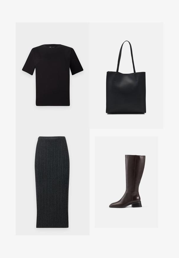 Black short-sleeve t-shirt with a round neckline, crafted from soft cotton fabric. Simple design, no visible logos or patterns.; Dark grey ribbed knit midi skirt with a form-fitting silhouette and elastic waistband. Features vertical ribbing for texture.; Knee-high brown leather boots with a smooth finish, rounded toe, and a stacked black heel. Simple design with minimal hardware details.; Black leather tote bag with smooth texture, rectangular shape, and two long handles. No visible hardware or embellishments.
