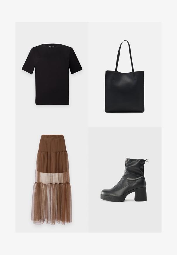 T-shirt noir à manches courtes avec un col rond, fabriqué en coton doux. Design simple, sans logos ni motifs visibles.; Jupe tierée marron avec une taille élastique, présentant un mélange de couches de tissu opaques et transparents, créant une apparence douce et texturée.; Bottes noires à la cheville en cuir lisse, dotées d'une fermeture éclair sur le côté, d'un talon épais texturé et d'une conception à bout rond.; Sac fourre-tout en cuir noir avec une texture lisse, de forme rectangulaire et deux longues poignées. Pas de matériel ou d'ornementations visibles.