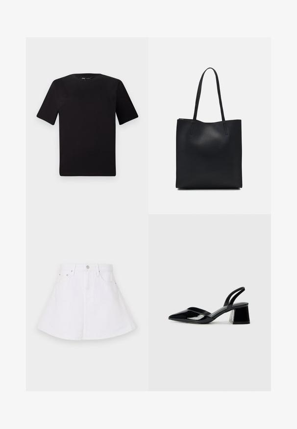 T-shirt noir à manches courtes avec un col rond, fabriqué en coton doux. Design simple, sans logos ni motifs visibles.; Jupe en denim blanc au design évasé, avec une taille ajustée, cinq poches et une fermeture à bouton à l'avant. Texture lisse.; Escarpins en cuir verni noir avec bout pointu et talon bloc géométrique. Présente un design élégant et minimaliste ainsi qu'une texture lisse.; Sac fourre-tout en cuir noir avec une texture lisse, de forme rectangulaire et deux longues poignées. Pas de matériel ou d'ornementations visibles.