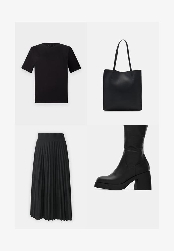Tricou scurt negru cu mânecă scurtă și guler rotund, realizat dintr-un material de bumbac moale. Design simplu, fără logo-uri sau modele vizibile.; Fustă plisată neagră cu un talie lată, cu pliuri verticale uniforme pe toată suprafața. Textură netedă cu un design fluid.; Botină din piele neagră, până la jumătatea gambei, cu toc gros și vârf rotunjit, prezentată în profil lateral pe un fundal alb.; Geantă tote neagră din piele, cu textură netedă, formă rectangulară și două mânere lungi. Fără hardware vizibil sau ornamente.