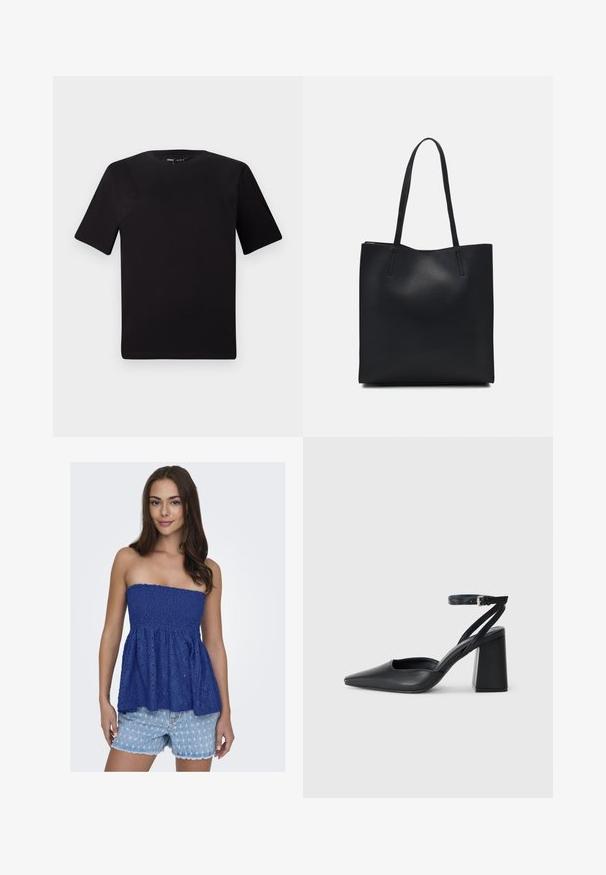 Svart t-skjorte med korte ermer og rund hals, laget av mykt bomullsstoff. Enkelt design, ingen synlige logoer eller mønstre.; Blå strapless topp laget av blonder med samlet midje, med et teksturert blomstermønster. Kombinert med slitte denimshorts.; Svart lær pumps med spiss tå, ankelrem og kraftig hæl. Flat tekstur, strømlinjeformet design og minimalisme.; Svart lær tote bag med glatt tekstur, rektangulær form og to lange håndtak. Ingen synlige deler eller dekorasjoner.