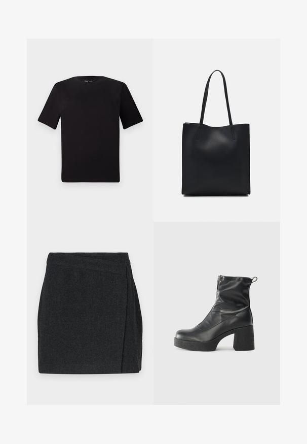 Črna majica s kratkimi rokavi in okroglim izrezom, izdelana iz mehkega bombažnega materiala. Preprost dizajn, brez vidnih logotipov ali vzorcev.; Krilo z vzorcem ribje kosti v črni barvi z dizajnom zavitka, ki ima čist zaključek in teksturirano tkanino. Dolžina do sredine stegna.; Črne gležnjarje iz gladke kože z božnim zadrgo, masivnim teksturiranim peto in zaobljeno obliko prstov.; Črna usnjena torba s svilnato teksturo, pravokotne oblike in dvema dolgima ročajema. Brez vidnih metalnih delov ali okrasnih elementov.