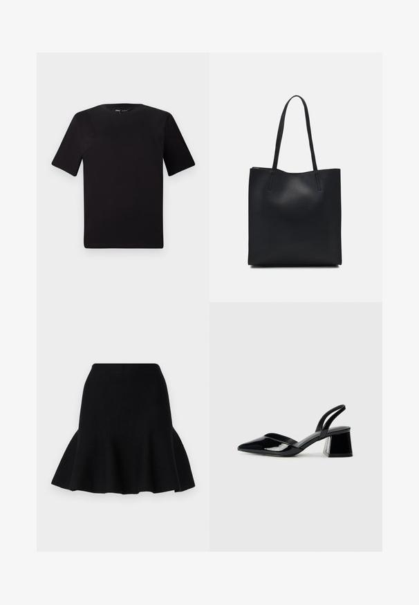 T-shirt nera a maniche corte con scollatura rotonda, realizzata in morbido cotone. Design semplice, senza loghi o motivi visibili.; Gonna nera svasata realizzata in tessuto morbido. Presenta una vita adatta e un orlo ondulato, creando un aspetto a strati.; Décolleté in vernice nera con punta affusolata e tacco in geometria cubica. Presentano un design elegante e minimalista, con una texture liscia.; Borsa tote in pelle nera con texture liscia, forma rettangolare e due manici lunghi. Nessun hardware o decorazione visibile.