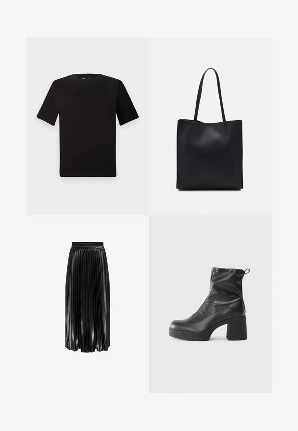 Schwarzes T-Shirt mit kurzen Ärmeln und Rundhalsausschnitt, aus weichem Baumwollmaterial gefertigt. Schlichtes Design, keine sichtbaren Logos oder Muster.; Schwarzer, plissierter Midirock mit glänzender Oberfläche, elastischem Bund und auffälligen vertikalen Falten, der ein strukturiertes und fließendes Erscheinungsbild bietet.; Schwarze Stiefeletten aus glattem Leder mit seitlichem Reißverschluss, klobigem strukturiertem Absatz und runder Zehenform.; Schwarze Laptoptasche aus Leder mit glatter Textur, rechteckiger Form und zwei langen Griffen. Keine sichtbaren Beschläge oder Verzierungen.