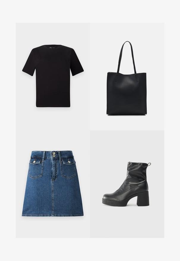 T-shirt preta de mangas curtas com decote redondo, feita de tecido de algodão suave. Design simples, sem logótipos ou padrões visíveis.; Saia de ganga em azul escuro, com uma cintura ajustada, dois bolsos frontais, dois bolsos traseiros e fechos de botão em tom prateado.; Botas de tornozelo pretas feitas de couro liso, com fecho lateral, salto grosso texturizado e design de bico arredondado.; Bolsa tote preta em couro com textura lisa, forma retangular e duas alças longas. Sem hardware ou enfeites visíveis.