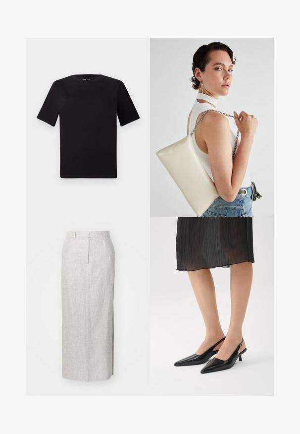 Black short-sleeve t-shirt with a round neckline, crafted from soft cotton fabric. Simple design, no visible logos or patterns.; Light gray, knee-length pencil skirt made of textured fabric, featuring a fitted waist, subtle seam detailing, and no visible closures.; Black pointed-toe slingback heels with a glossy finish, slender heel, and open back design. Textured pattern on the upper material.; White rectangular clutch bag made of glossy material, featuring a silver chain strap. Model poses, showcasing the bag against a plain background.