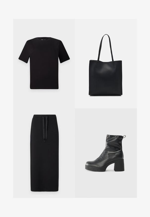 Črna majica s kratkimi rokavi in okroglim izrezom, izdelana iz mehkega bombažnega materiala. Preprost dizajn, brez vidnih logotipov ali vzorcev.; Črna midi krila iz mehke tkanine, s pasom na vrvico. Enostaven dizajn s ravno silhueto in brez dodatnih vzorcev.; Črne gležnjarje iz gladke kože z božnim zadrgo, masivnim teksturiranim peto in zaobljeno obliko prstov.; Črna usnjena torba s svilnato teksturo, pravokotne oblike in dvema dolgima ročajema. Brez vidnih metalnih delov ali okrasnih elementov.