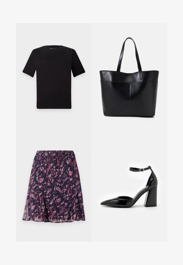 T-shirt preta de mangas curtas com decote redondo, feita de tecido de algodão suave. Design simples, sem logótipos ou padrões visíveis.; Saia azul-marinho com cintura elástica, apresentando um padrão floral abstrato em rosa e roxo, com uma bainha ligeiramente godê.; Sapato de salto alto de couro patente preto com bico pontiagudo, tira ao tornozelo e salto largo para estabilidade, apresentando uma textura lisa e brilhante.; Bolsa tote preta em couro com duas alças longas, textura suave e forma estruturada. Apresenta um bolso frontal para armazenamento adicional.