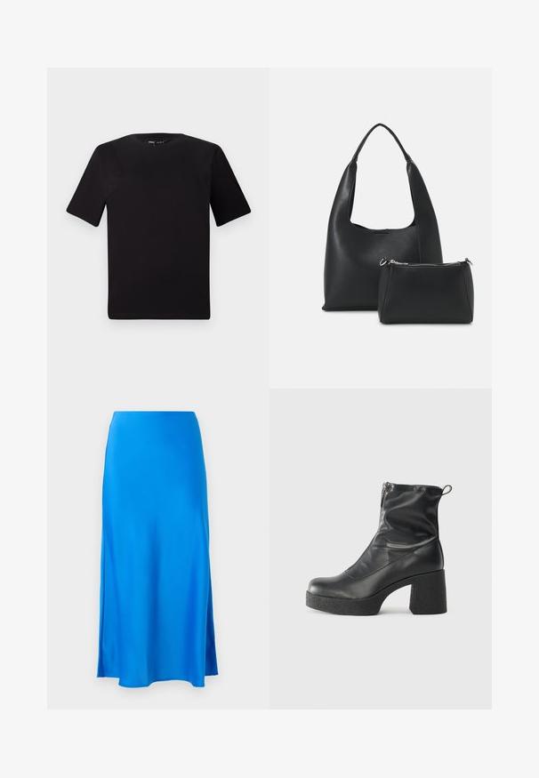 Melnas īsām piedurknēm T-krekls ar apaļu kakla izgriezumu, izgatavots no mīksta kokvilnas auduma. Vienkāršs dizains, bez redzamām logo vai rakstiem.; Zila satīna maksi svārki ar gludu tekstūru, nedaudz A līnijas formu un sānu izgriezumu, piedāvājot plūstošu siluetu.; Melni potītes zābaki, kas izgatavoti no gludas ādas, ar sānu rāvējslēdzēju, masīvu strukturētu papēdi un noapaļotu purngalu.; Even&Odd Rokassoma - black