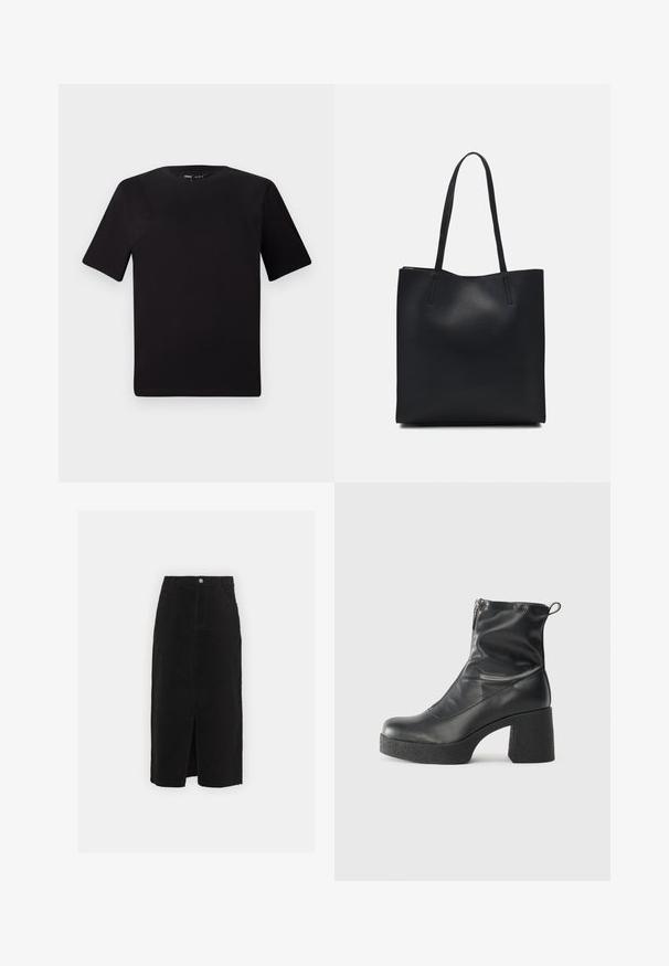 Black short-sleeve t-shirt with a round neckline, crafted from soft cotton fabric. Simple design, no visible logos or patterns.; Black denim midi skirt, featuring a front slit, classic five-pocket design, and a silver button closure at the waist.; Black ankle boots made of smooth leather, featuring a side zipper, chunky textured heel, and rounded toe design.; Black leather tote bag with smooth texture, rectangular shape, and two long handles. No visible hardware or embellishments.