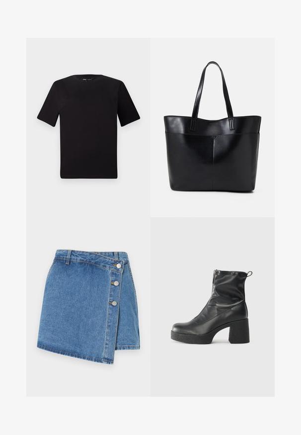 Črna majica s kratkimi rokavi in okroglim izrezom, izdelana iz mehkega bombažnega materiala. Preprost dizajn, brez vidnih logotipov ali vzorcev.; Denim ovitek krila v svetlo modri barvi. Ima visok pas, nagnjeno rob in tri kovinske pritisne gumbe na strani. Gladka tekstura z diskretnimi šivi.; Črne gležnjarje iz gladke kože z božnim zadrgo, masivnim teksturiranim peto in zaobljeno obliko prstov.; Črna usnjena torba z dvema dolgima ročajema, gladko teksturo in strukturirano obliko. Ima sprednji žep za dodatno shranjevanje.