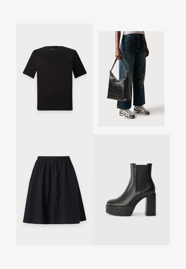 T-shirt preta de mangas curtas com decote redondo, feita de tecido de algodão suave. Design simples, sem logótipos ou padrões visíveis.; Saia preta até ao joelho com cintura elástica, apresentando um padrão de grelha subtil e uma textura suave. Tem um design fluido.; Bota de tornozelo em couro preto com um salto bloco robusto, painéis laterais elásticos e uma textura suave. Apresenta uma sola plataforma para aumentar a altura.; Bolsa de ombro em couro preto com textura suave e alça ajustável, combinada com jeans de perna larga desbotados e ténis desportivos.