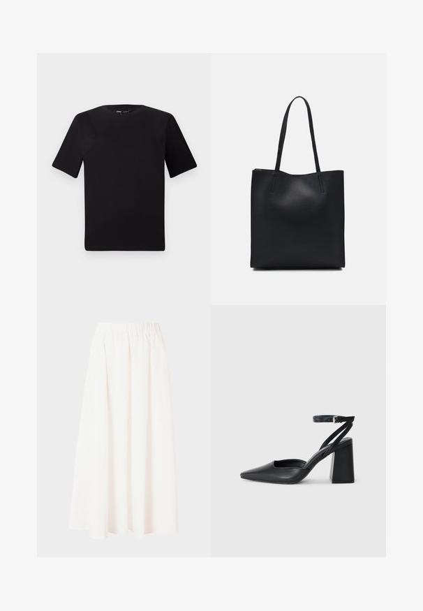 T-shirt noir à manches courtes avec un col rond, fabriqué en coton doux. Design simple, sans logos ni motifs visibles.; Jupe longue à taille élastique en crème clair, tissu fluide, silhouette évasée, sans motifs ni embellissements, longueur mi-mollet.; Escarpin noir en cuir à bout pointu avec une bride de cheville et un talon épais. Texture lisse, design élégant et esthétique minimaliste.; Sac fourre-tout en cuir noir avec une texture lisse, de forme rectangulaire et deux longues poignées. Pas de matériel ou d'ornementations visibles.